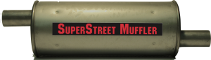 Super Street Mufflers Professional installer - SuperStreet Muffler 2"id offset/offset 6"round X 18"body 23"OAL Part#:IM472