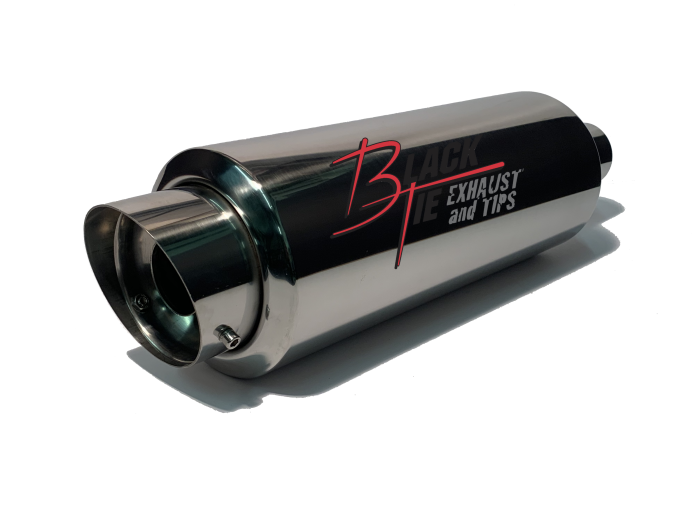BlackTie Exhaust and Stainless Steel Tips - BlackTie Muffler 4" TIP 2.25" ID CENTER INLET 5.7" RD X 20" OAL WITH REMOVABLE SILENCER POLISHED STAINLESS STEEL