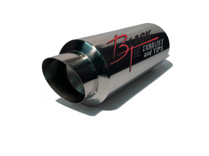 BlackTie Muffler 4" ANGLE TIP 2.25"ID INLET 6" RD X 13.75" BODY 17.5" OAL POLISHED STAINLESS STEEL